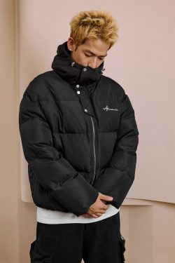 90s-Inspired White Duck Down Jacket with Handwritten Text Embroidery, Windproof & Adjustable Design