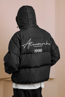 90s-Inspired White Duck Down Jacket with Handwritten Text Embroidery, Windproof & Adjustable Design
