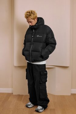 90s-Inspired White Duck Down Jacket with Handwritten Text Embroidery, Windproof & Adjustable Design