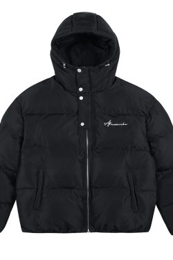 90s-Inspired White Duck Down Jacket with Handwritten Text Embroidery, Windproof & Adjustable Design