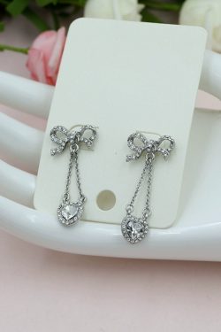 925 Silver Bowknot Stud Earrings with Heart Design, Hypoallergenic Full Diamond Hollowed-Out Jewelry for Women