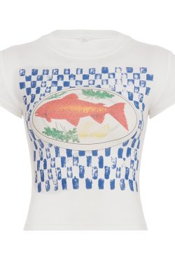 Abstract Goldfish Dopamine Cup Sleeve T-Shirt - Sweet and Spicy Slim Fit Crop Top for Summer - Trendy Y2K Style