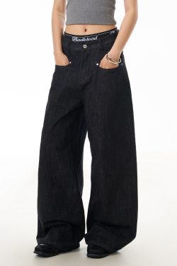 American Retro Black Straight-Leg Denim Pants for Women - Loose Wide-Leg, Slimming, Versatile Floor-Length Trousers