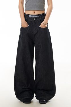 American Retro Black Straight-Leg Denim Pants for Women - Loose Wide-Leg, Slimming, Versatile Floor-Length Trousers