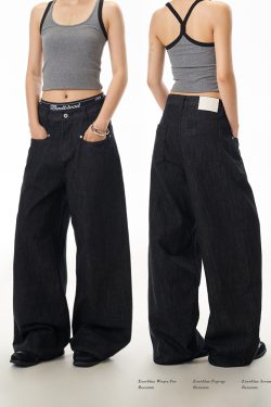 American Retro Black Straight-Leg Denim Pants for Women - Loose Wide-Leg, Slimming, Versatile Floor-Length Trousers