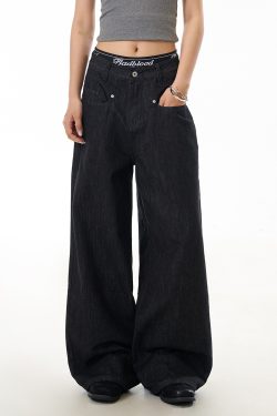 American Retro Black Straight-Leg Denim Pants for Women - Loose Wide-Leg, Slimming, Versatile Floor-Length Trousers
