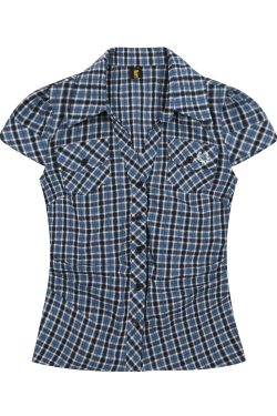 American Retro Blue Plaid Short-Sleeve Shirt for Women - Summer Slim Fit Waist-Cinching Top in Spicy Girl Style