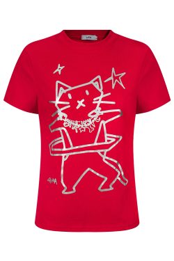 American Retro Graffiti Cat Print Short-Sleeve T-Shirt for Women - Summer Slim Fit Fun Spicy Girl Top, Y2K Style