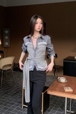 American Retro Lace Plaid Spliced High-Sensitivity Two-Way Knit Tie Striped Long Sleeve Shirt - Y2K Fashion