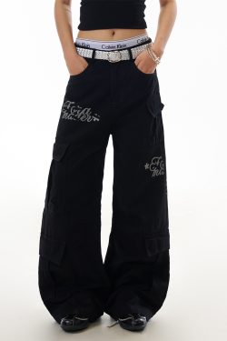 American Retro Letter Print Multi-Pocket Curved Knife Work Pants for Women - Loose Straight Casual Trousers, Y2K Style