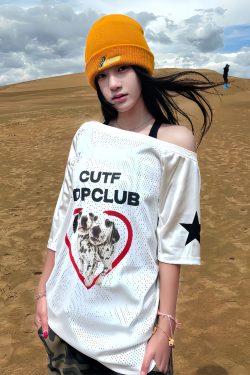 American Retro Off-Shoulder Dalmatian Mesh Jersey T-Shirt for Women - Loose Fit Summer Top with Short Sleeves