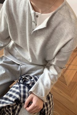 American Retro Oversized Two-Piece Henley Long Sleeve T-Shirt for Men and Women - Casual Y2K Fashion for Spring and Autumn