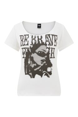 American Retro Silhouette Letter Print Short T-Shirt for Women, Slim Fit Street Style Top, Flattering Summer Essential