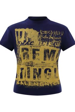 American Retro Street Graffiti Letter Short T-Shirt for Women, Sexy Fit Slim Short Sleeve Top, Casual 90s Style