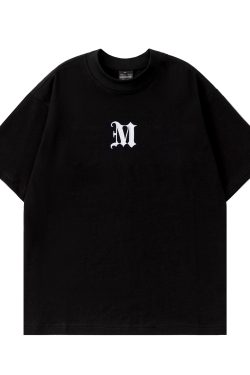 American Retro Street Style Minimalist M Letter Embroidered Short Sleeve T-Shirt for Men and Women - Loose Casual Half-Sleeve Top