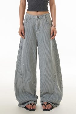 American Retro Striped Wide-Leg Jeans for Women, Trendy Draped Curved Slim Pants, Street Style Fashion