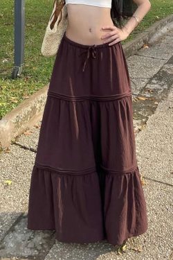 American Retro Vintage Draped Long Midi Skirt for Women - Worn Look Basic Brown Skirt in 90s Y2K Style