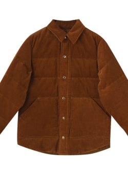 American Retro White Goose Down Jacket with Lapel, Loose Thick Corduroy Couples Jacket, Cozy 90s Style Outerwear