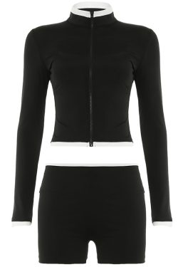 American Street Style Fitness Set - Zip-Up Cardigan, Long Sleeve Top & Tank Shorts - Casual Sports Three-Piece Outfit