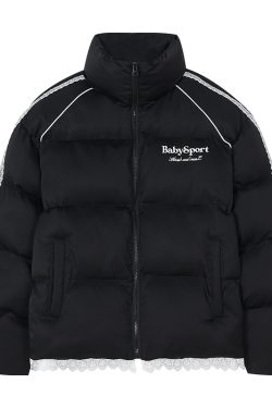 American-Style Lace Spliced Sports Ballet Windbreaker Jacket with Stand-Up Collar - Thermal Cotton for Cool Weather Fashion
