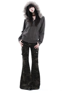 American Vintage Brown Fur Collar Hooded Cable Knit Long Sleeve Jacket Slim Fit Zipper Sweater for Effortless Chic Style