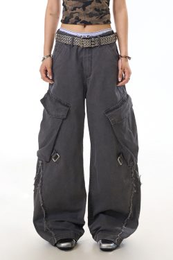 American Vintage Frayed Strap Work Pants for Women - Loose Straight Leg, Big Pocket, Washed Wide Leg Casual Trousers