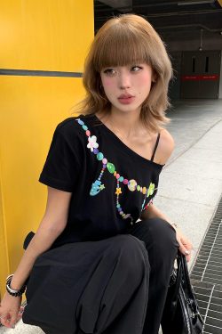 American Vintage Off-Shoulder T-Shirt for Women - Black Short Sleeve Loose Fit Summer Top, Slimming Shoulder-Baring Style