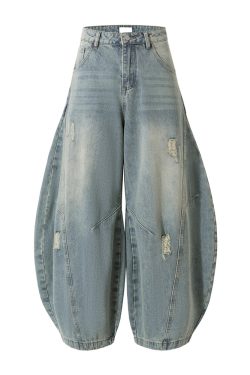 American Vintage Ripped Wide-Leg Jeans with Double Side Seam and Curved Silhouette - Retro 90s Style Denim Trousers