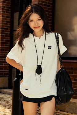 American Vintage Short-Sleeve Polo Shirt for Women, Casual Textured Top, Loose Fit, Summer Outfit, Effortless Chic Style