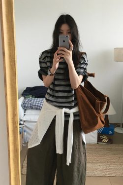 American Vintage Striped Round Neck Short Sleeve T-Shirt - Casual Versatile Top for Effortless 90s Style