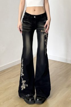 American Vintage Style Plant Embroidery Washed White Low Waist Flare Jeans for Women - 90s Inspired Fashion