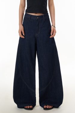 American Vintage Washed Curved Blade Jeans for Women - Street Style Wide-Leg Loose Casual Pants - 90s Inspired Fashion