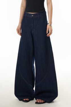 American Vintage Washed Curved Blade Jeans for Women - Street Style Wide-Leg Loose Casual Pants - 90s Inspired Fashion