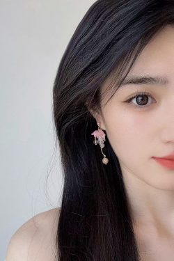 Ancient Style Hanfu Dress with Pink Lily of the Valley Earrings, Elegant Long Ear Clips, Sweet Temperament, Youthful Vibe