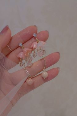 Ancient Style Hanfu Dress with Pink Lily of the Valley Earrings, Elegant Long Ear Clips, Sweet Temperament, Youthful Vibe