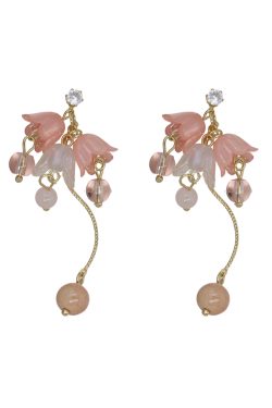 Ancient Style Hanfu Dress with Pink Lily of the Valley Earrings, Elegant Long Ear Clips, Sweet Temperament, Youthful Vibe