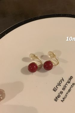 Angola Red Round Pearl Stud Earrings - Minimalist Retro Hong Kong Style, Elegant Autumn Winter Ear Accessories