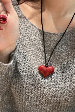 Ankara Red Butterfly Sweatshirt with Heart Pendant Necklace, Versatile Long Black Leather Cord Accessory for Girls
