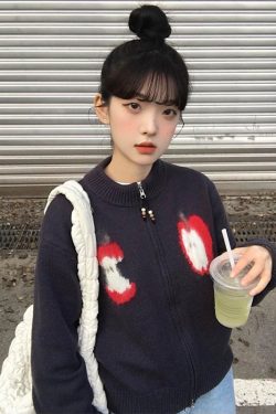 Apple Jacquard Wool Sweater Coat for Women - Loose Knitted Cardigan, Round Neck, College Style, Early Spring Fashion
