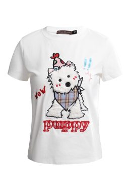 Appliqué Embroidered Shoulder T-Shirt for Women - Summer Round Neck Slim Fit Short Sleeve Top in Youthful Style