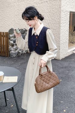 Apricot Color College Style Shirt Dress with Denim Vest Two-Piece Set - 2025 Spring Korean Style Fashion Outfit