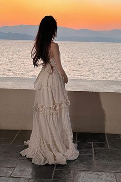 Apricot Halter Neck Dress for Women - Sexy Backless Ruffled Vacation Dress, Perfect for Travel and Photo Shoots, Long Style