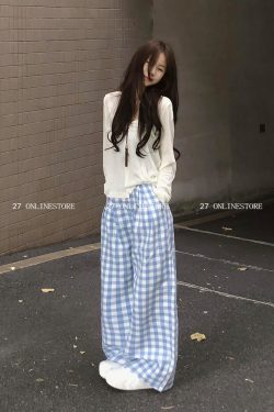 Apricot Knitted Cardigan Set with Blue and White Check Wide-Leg Casual Pants - Chic Layering Outfit for Effortless Style