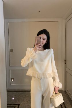 Apricot Round Neck Spliced Knitted Sweater for Women - Long Sleeve Lazy Style Top - Spring 2023 Trendy Fashion