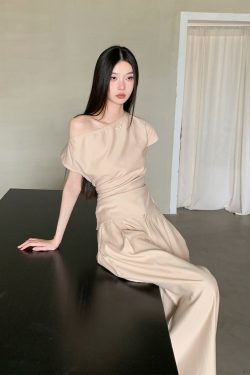 Apricot Slant Collar Top with Wide-Leg Floor-Length Pants Set for Casual Chic Commuting Style