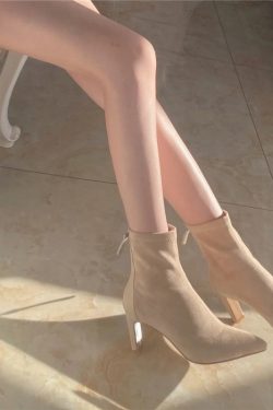 Apricot Suede High-Heeled Ankle Boots for Women - 2023 Autumn Winter Stiletto Pointed Chunky Heel Elastic Sock Boots