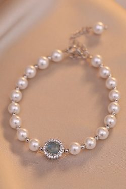 Aquamarine Round Pearl Bracelet for Women, S925 Pure Silver, Light Luxury, High-End French Style Jewelry