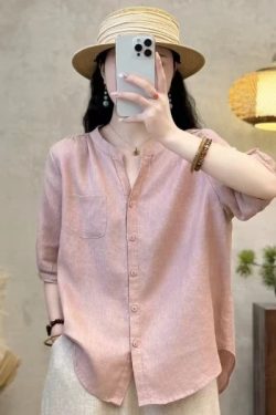 Artistic Retro Women's Summer Ramie Small V-Neck Short Sleeve Shirt - Stylish Casual Versatile Blouse