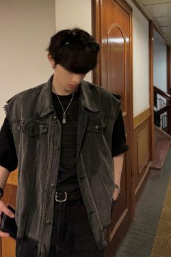 Ash Gray Denim Vest for Men and Women - Vintage Loose Workwear, Washed Sleeveless Jacket, Trendy Spring Autumn Fashion