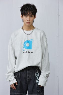 Ash Gray Long Sleeve T-Shirt with Roaring Beast Internet Logo - Trendy 90s Inspired Urban Streetwear Top
